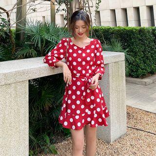 Dotted Blouse / Ruffle Hem 3/4-sleeve A-line Dress