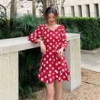 Dotted Blouse / Ruffle Hem 3/4-sleeve A-line Dress