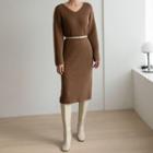 V-neck H-line Midi Rib-knit Dress