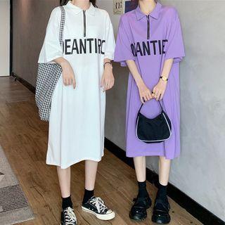 Elbow-sleeve Lettering Zip Midi Shirt Dress
