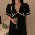 Short-sleeve Contrast Lining Mini A-line Dress Black - One Size