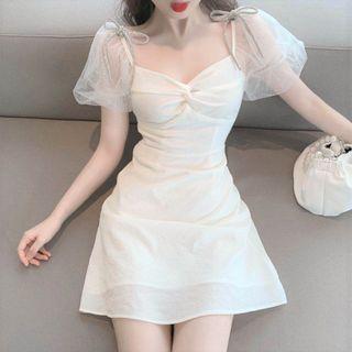 Puff-sleeve Rhinestone Bow A-line Dress