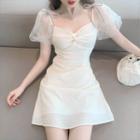 Puff-sleeve Rhinestone Bow A-line Dress
