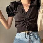 Puff-sleeve Drawcord Knit Crop Top