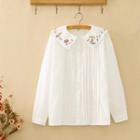 Embroidered Collar Pleated Blouse White - One Size