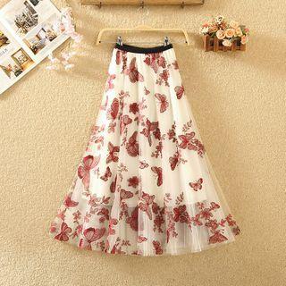 Butterfly Print Midi A-line Skirt