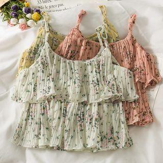 Layered Cutout-shoulder Floral Crop Top