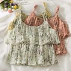 Layered Cutout-shoulder Floral Crop Top