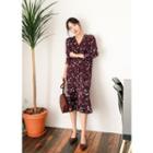 V-neck Long-sleeve Ruffle-hem Buttoned Floral Long Dress