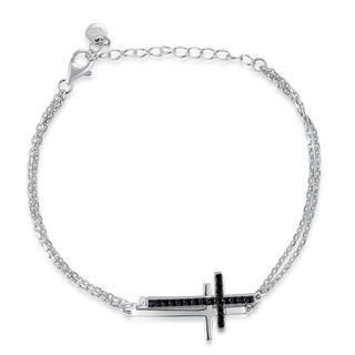 Left Right Accessory - 925 Sterling Silver Religious Crosses W/ Black Cz Double Chain Bracelet (6.5) Women Jewellery