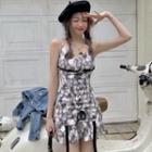 Spaghetti Strap Ruffle Hem Lace-up Tie Dye Mini Sheath Dress