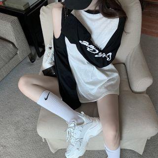 Lettering Cold-shoulder Long-sleeve Raglan T-shirt As Shown In Figure - One Size