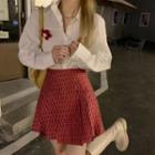 Long-sleeve Shirt / Floral Embroidered Mini A-line Skirt