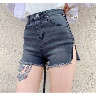 Zip-side Fray-hem Denim Shorts