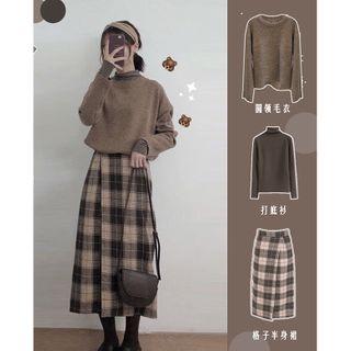 Set: Long-sleeve Turtleneck + Sweater + Midi Plaid Skirt