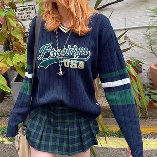 Long Sleeve V-neck Striped Lettering Sweater