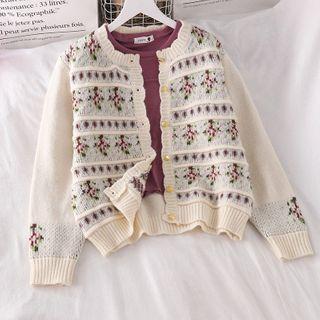 Plain Long-sleeve T-shirt / Floral Print Cardigan