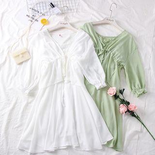 Set: Ruched Chiffon Dress + Gather-waist Light Cardigan