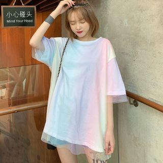 3/4-sleeve Mesh Overlay T-shirt