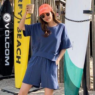 Set: Drop-shoulder Top + Sweat Shorts