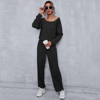 Set: Long-sleeve Plain Ribbed Top + Pants