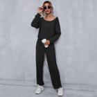 Set: Long-sleeve Plain Ribbed Top + Pants