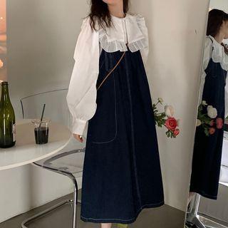 Long-sleeve Puff-sleeve Peter Pan-collar Shirt / Denim Midi Overall Dress
