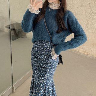 Long-sleeve Mock-neck Mesh Top / Zigzag Pattern Cardigan / Floral Print Midi Mermaid Skirt