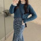 Long-sleeve Mock-neck Mesh Top / Zigzag Pattern Cardigan / Floral Print Midi Mermaid Skirt