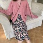 Plain Cardigan / Floral Print Midi A-line Skirt / Short-sleeve T-shirt