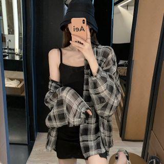Plaid Shirt Jacket / Spaghetti Strap Mini Sheath Dress