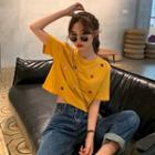 Short-sleeve Flower Embroidered Crop T-shirt