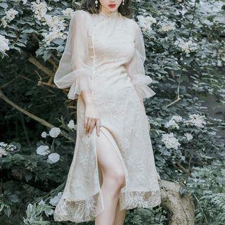 Lantern Sleeve Beaded Lace Sheath Midi Dress