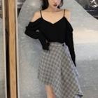 Long-sleeve Cold-shoulder Top / Plaid Asymmetrical A-line Skirt