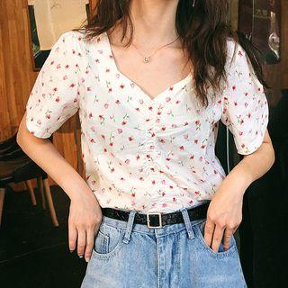 V-neck Floral Print Frilled Short-sleeve Blouse
