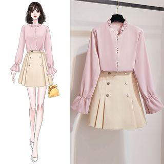 Flared Cuff Ruffled Blouse / Double-breasted A-line Skirt / Set