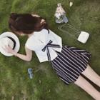 Set: Ribbon Back Sleeveless Top + Striped A-line Mini Skirt
