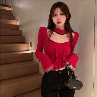 Choker-neck Long-sleeve Ruffled T-shirt