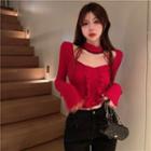 Choker-neck Long-sleeve Ruffled T-shirt