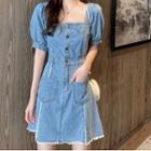 Balloon-sleeve Ripped Trim A-line Denim Dress