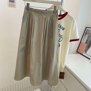 High Waist Midi A-line Skirt Khaki - One Size