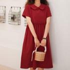 Short-sleeve Midi A-line Dress Tomato Red - One Size