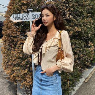 Tie-front Ruffled Cropped Cardigan