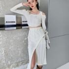Long-sleeve Cut Out Top / Slit Midi Skirt
