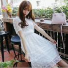 Gathered-waist Short-sleeve Crewneck Chiffon A-line Sheath Panel Lace Dress