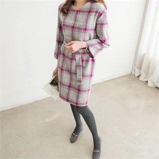 V-neck Glen-plaid Shift Dress With Belt