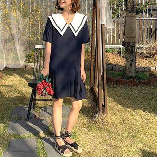 Short Sleeve Pleated Mini Dress Navy Blue - One Size