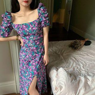 Short-sleeve Floral Print Square-neck A-line Midi Dress As Shown In Figure - One Size