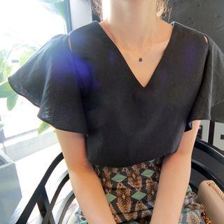 Ruffle-sleeve Slit-trim Linen Top