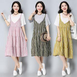 Set: Plain Elbow Sleeve T-shirt + Striped Spaghetti Strap Dress